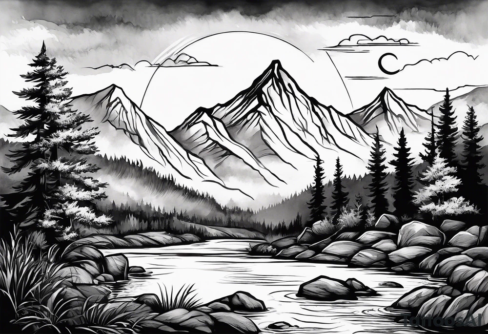 Mountain scene with a river with a subtle peace sign. Use IT IS WELL written in the scene tattoo idea