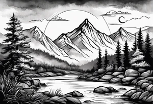 Mountain scene with a river with a subtle peace sign. Use IT IS WELL written in the scene tattoo idea