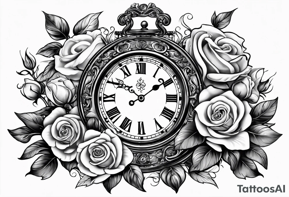 Half sleeve on arm of beautiful old fashion clock with roses, cherubs, angels, and the name chase Peter in a scroll tattoo idea