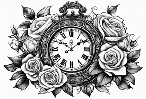 Half sleeve on arm of beautiful old fashion clock with roses, cherubs, angels, and the name chase Peter in a scroll tattoo idea