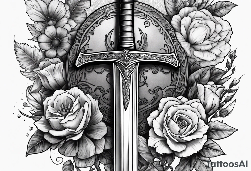 Bloody sword and flowers tattoo idea