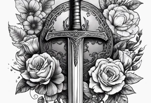 Bloody sword and flowers tattoo idea