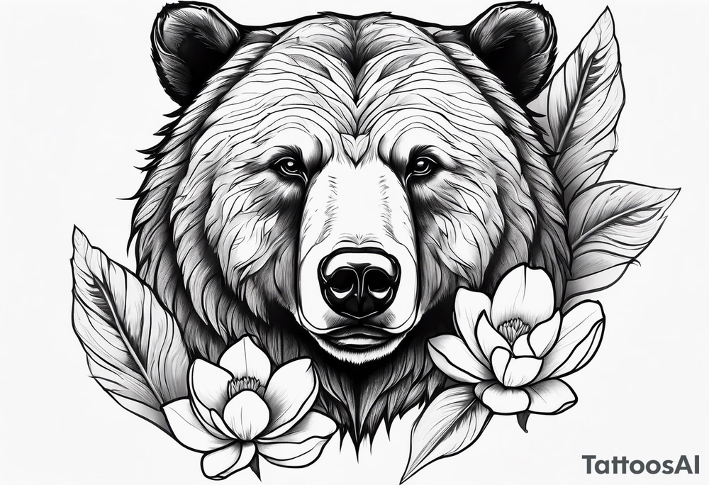 Bear head with magnolia flowers and feather for her son tattoo idea