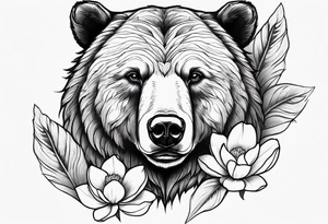 Bear head with magnolia flowers and feather for her son tattoo idea