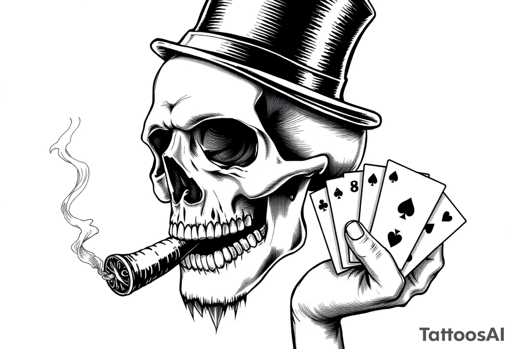 a skull with mustache, a big cigar in his mouth,top-hat on his head and playing cards in a hand. tattoo idea