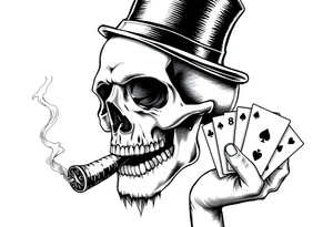 a skull with mustache, a big cigar in his mouth,top-hat on his head and playing cards in a hand. tattoo idea