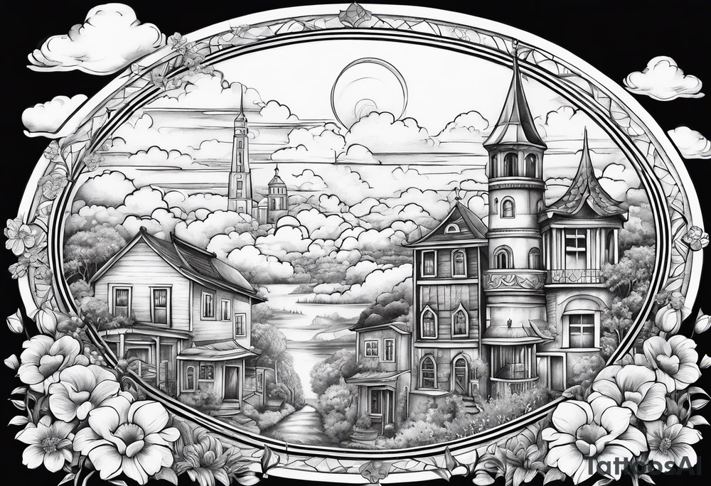 heaven town with tower houses
in circle vignette surrounded by clouds flowers tattoo idea