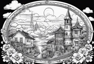 heaven town with tower houses
 in circle vignette surrounded by clouds flowers tattoo idea