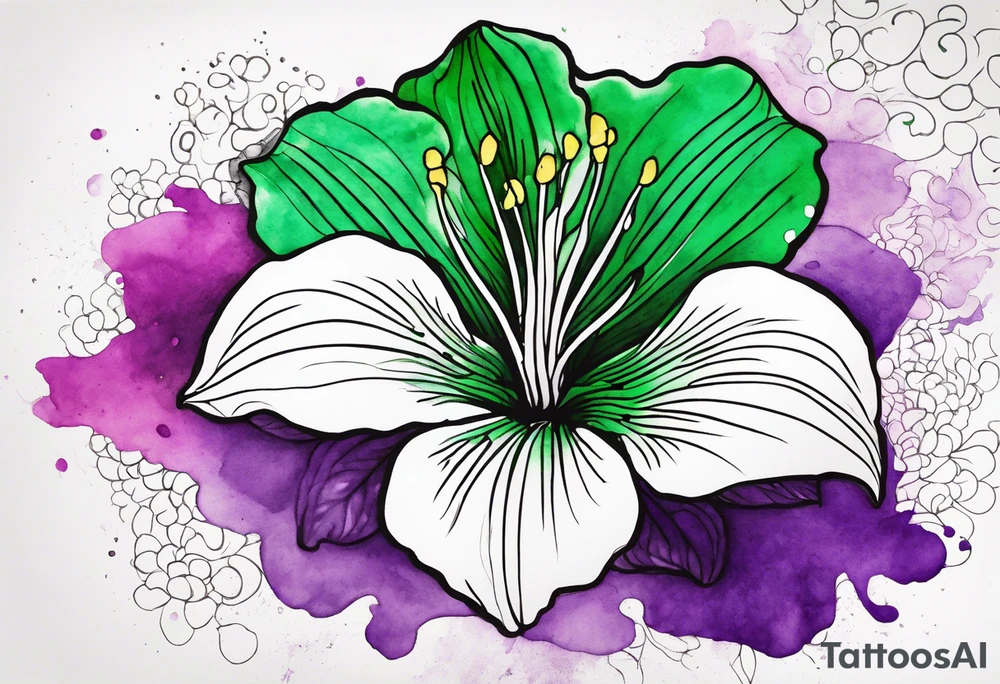 An outline of a rio dipladenia flower with a green/purple watercolor splash in the background tattoo idea