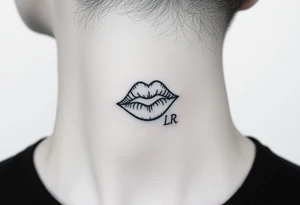kiss mark tattooed on the neck with the initials lrs beside it tattoo idea