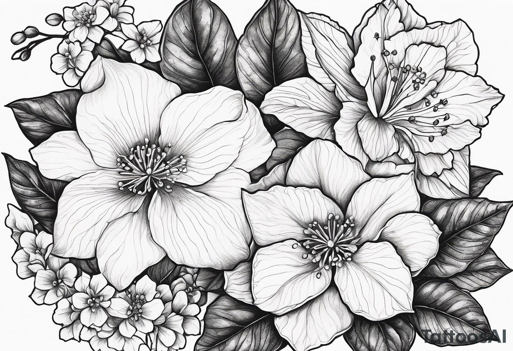 Hydrangea, Narcissus, Poinsettia, Holly, Gladiolus, Poppy, Daisy, Sweet Pea floral tattoo idea