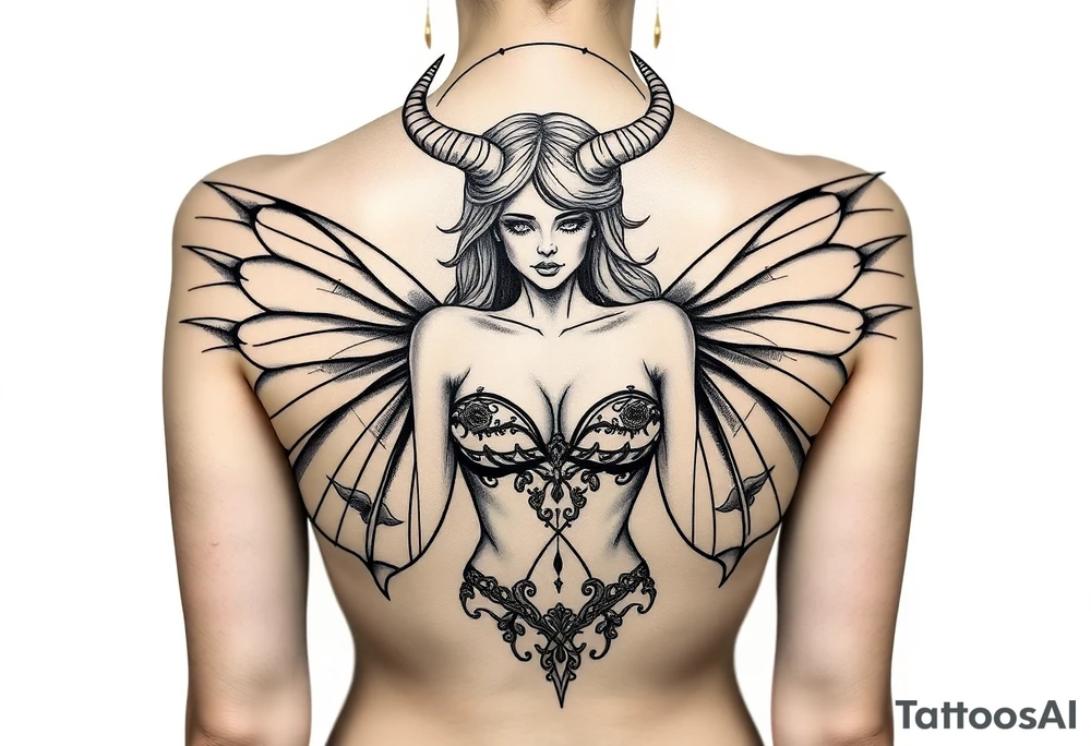 A powerful extremely sexy depiction of a start date with angel wings resembling that of a lunar moth and horns resembling the moths antennas with the son of of her head as if a Halo with two crescent men's off to each side full frontal nude with exotic see through lingerie tattoo idea