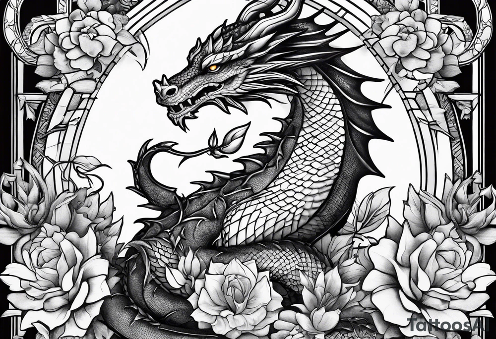 Dragon stack of books flowers tattoo idea