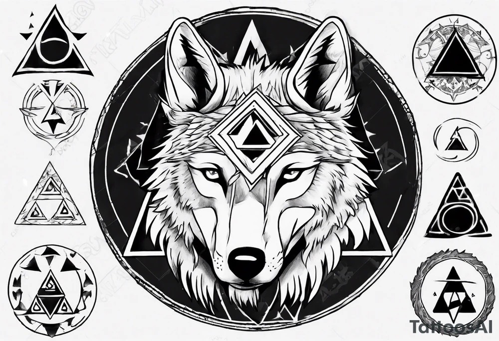 wolf head with triforce on forehead and circle in the background tattoo idea