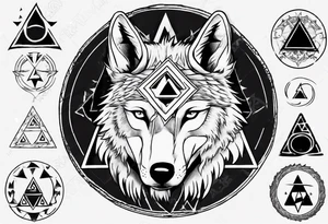 wolf head with triforce on forehead and circle in the background tattoo idea