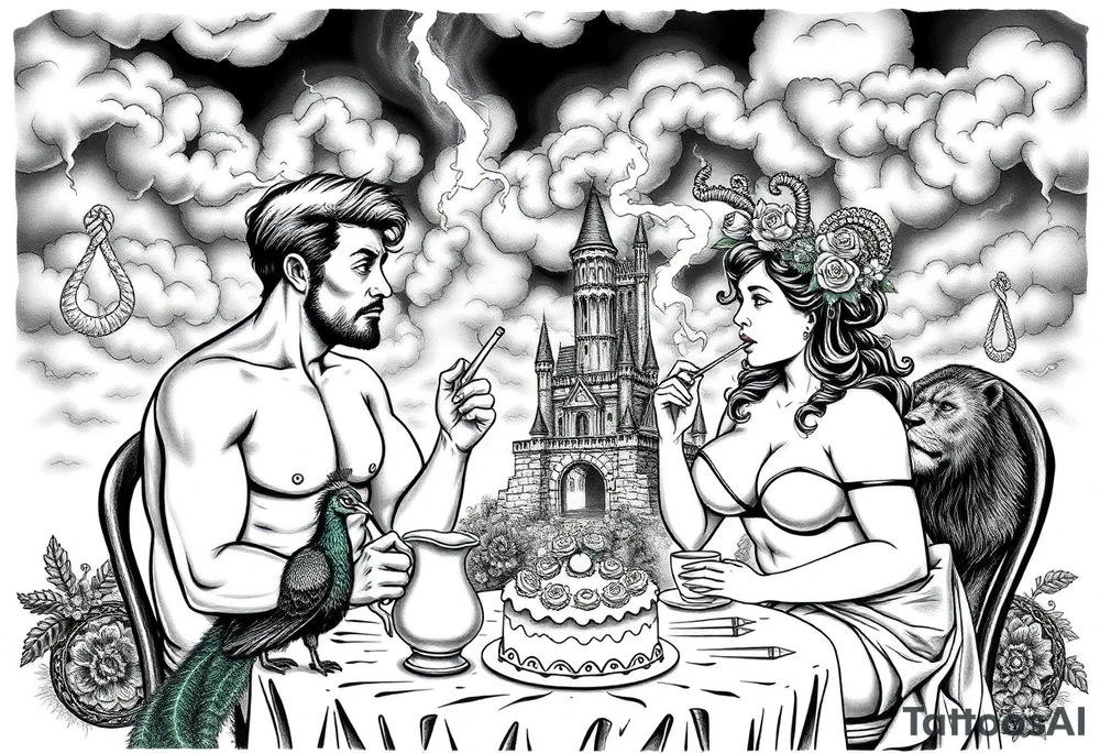 Naked Man and woman eating cake  having sex Storm lightening clouds gothic sexy naked fat lady having a tea party with tea pot and medieval castle
with a pigglets, peacock, noose, lion, goat, smoking cigerettes looking in the mirror thru storm clouds with razor blades and broken hearts and darkness and wrath, envy , gluttony, greed, sloth, pride kill tattoo idea