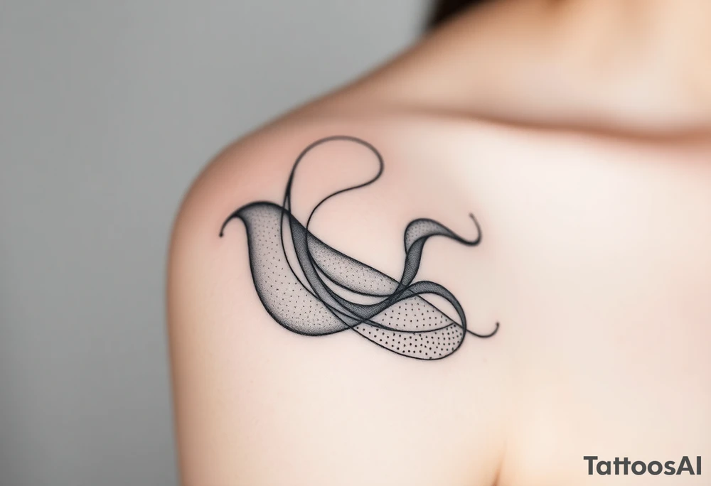 Black and gray fine line tattoo design, abstract and poetic. Fluid shapes intertwining like soft wind or smoke, symbolizing emotional healing, self-acceptance, and inner peace. The composition should suggest a feeling of breathing or gentle motion, representing self-love and reconnection with oneself. Include subtle light particles or fine dots to convey calmness and rebirth. The design should be clean yet expressive, delicate but full of symbolism — around 7–8 cm, ideal for an arm placement. No flowers, no butterflies, no human figures, no geometric patterns. Style: ethereal, dreamlike, minimalist surrealism. tattoo idea