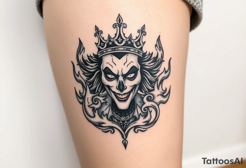 Powerful new age dead joker with crown surrounded by flames tattoo idea