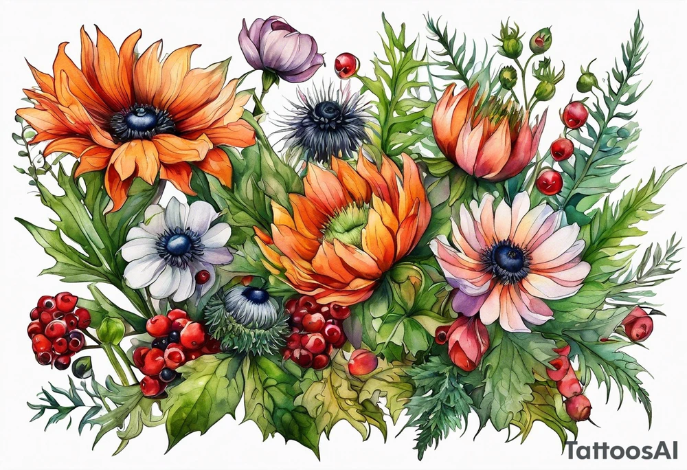 wildflowers with thistles, ferns, white anemones, sun flowers, orange flowers, green flowers, pink flowers, red flowers, berries and all in watercolor tattoo idea