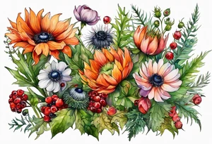 wildflowers with thistles, ferns, white anemones, sun flowers, orange flowers, green flowers, pink flowers, red flowers, berries and all in watercolor tattoo idea