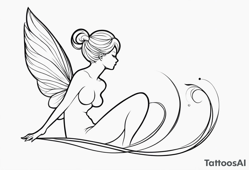 Minimalistic, monochromatic fairy with a tail flying to the left in a fetal position, leaning and looking in the same direction, with visible hands, embodying the 'Fairy Tail' logo aesthetic. tattoo idea