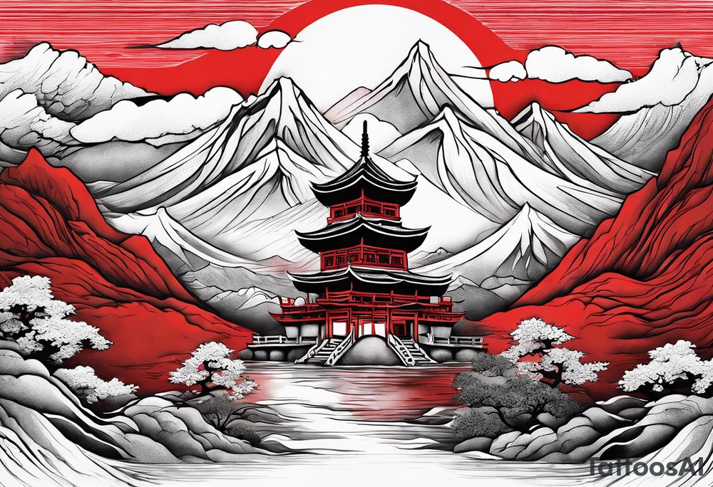 red mountains which there are two fantasies castles. tattoo idea