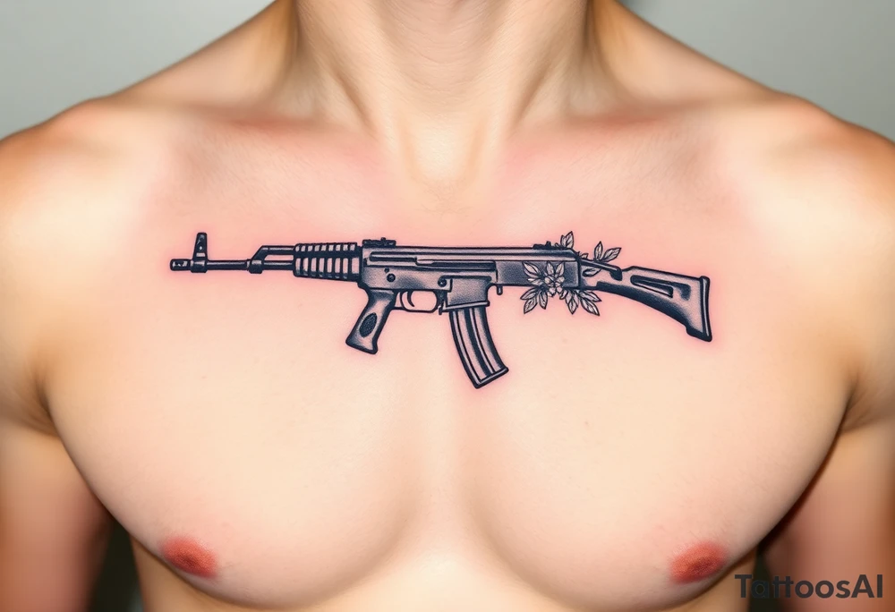 ak 47 black silhouette with floral details tattoo idea
