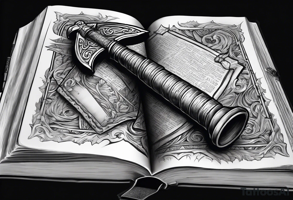 An opened bible with a battle Axe tattoo idea