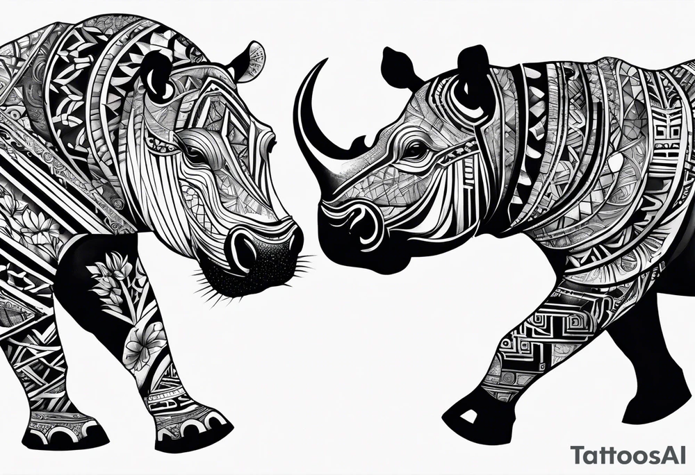 Asymmetrical, geometric, chinese ink art touch, hippo , full moon, tribal, orientation portrait tattoo idea