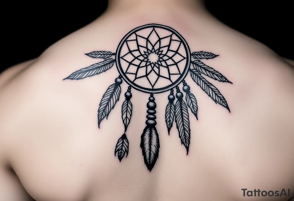 native dreamcatcher with flowing feathers and sacred beads tattoo idea