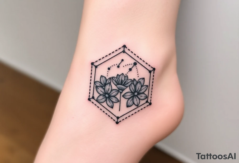 Hexagon with a Leo constellation, larkspur and water lilies in the center tattoo idea