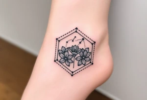 Hexagon with a Leo constellation, larkspur and water lilies in the center tattoo idea