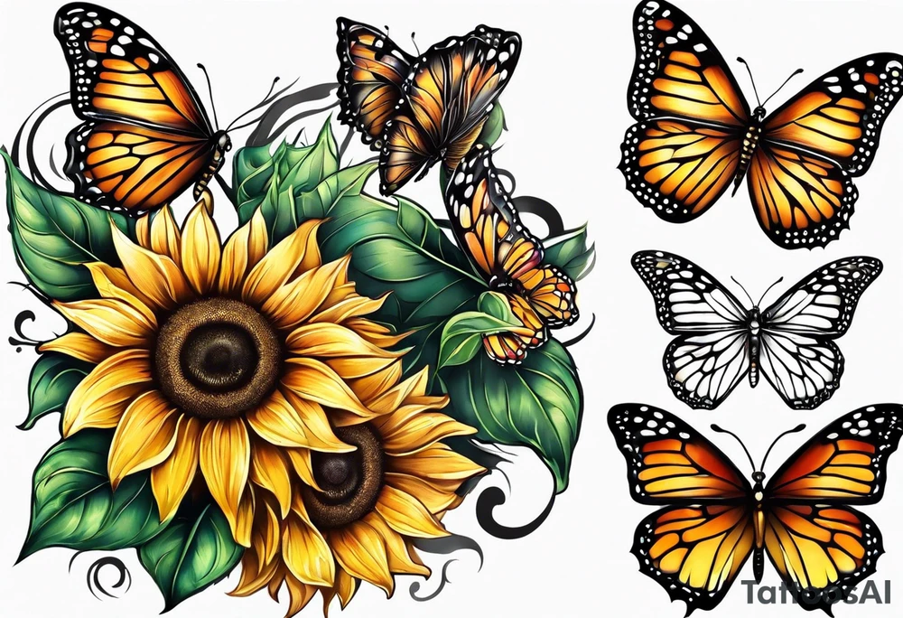 Sunflower and butterfly leg sleeve tattoo idea