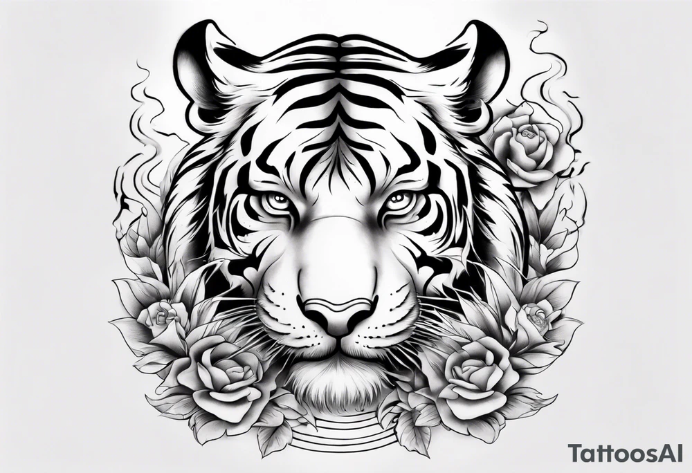 Tiger sleeve tattoo with lightning and the sun tattoo idea