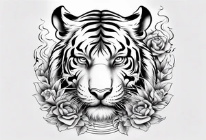 Tiger sleeve tattoo with lightning and the sun tattoo idea