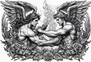 Angels fighting demons over fire with sills in the background tattoo idea