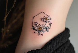 Leo, larkspur and water lily surrounded by a hexagon tattoo idea