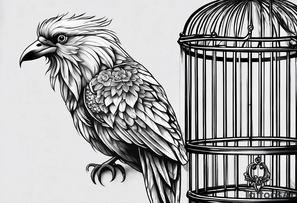 really big bird in a long but too small cage for him. Add decoration on the left top of the cage like flowers or foliage tattoo idea