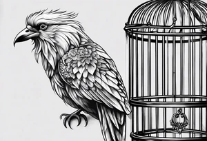 really big bird in a long but too small cage for him. Add decoration on the left top of the cage like flowers or foliage tattoo idea