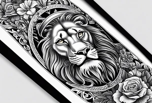 Arm sleeve with ribbon, compass, cross and lion tattoo idea