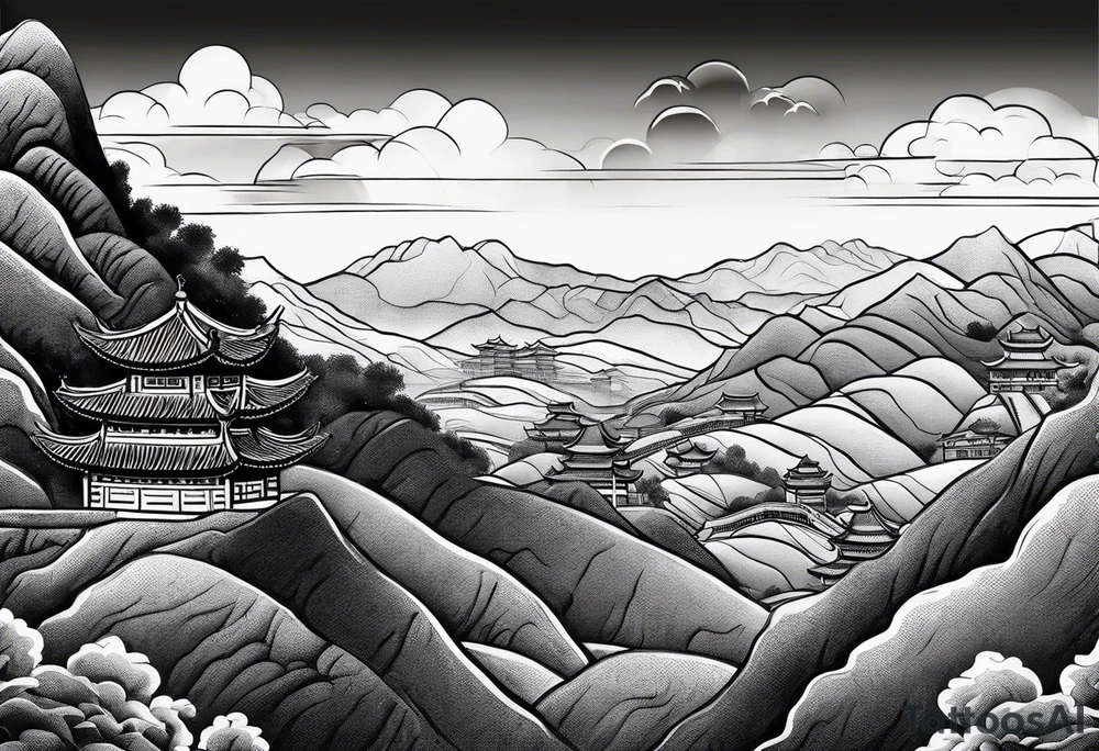Chinese wall, realistic, art, hills, sky tattoo idea