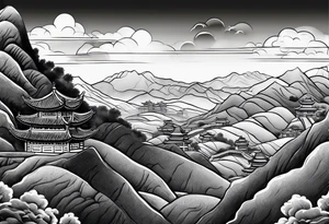 Chinese wall, realistic, art, hills, sky tattoo idea