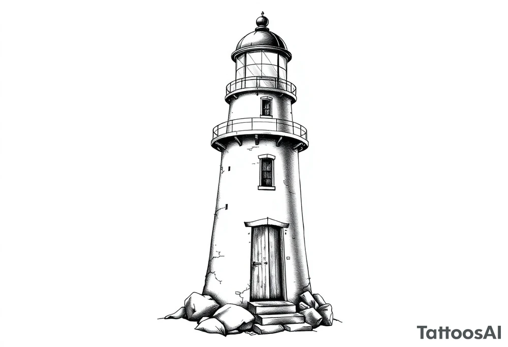 Lighthouse with rays of light with a few windows and an old door tattoo idea