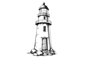 Lighthouse with rays of light with a few windows and an old door tattoo idea