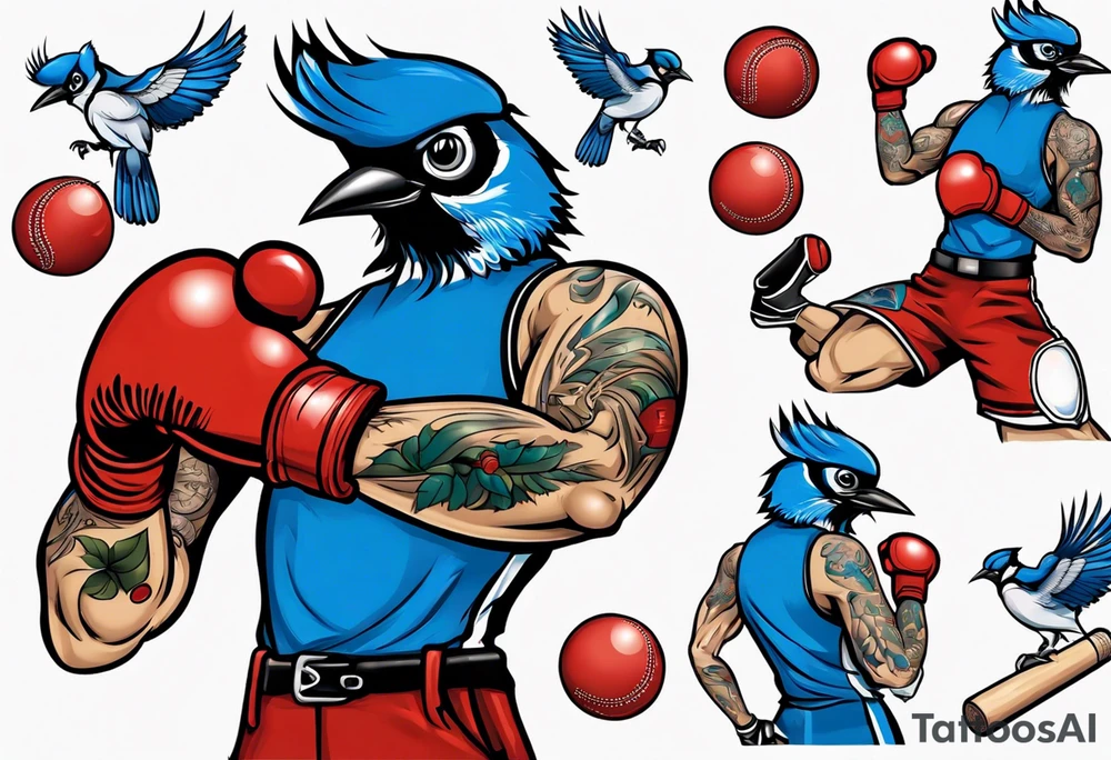 bluejay wearing boxing gloves and holding a cricket ball tattoo idea