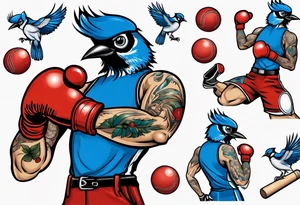 bluejay wearing boxing gloves and holding a cricket ball tattoo idea