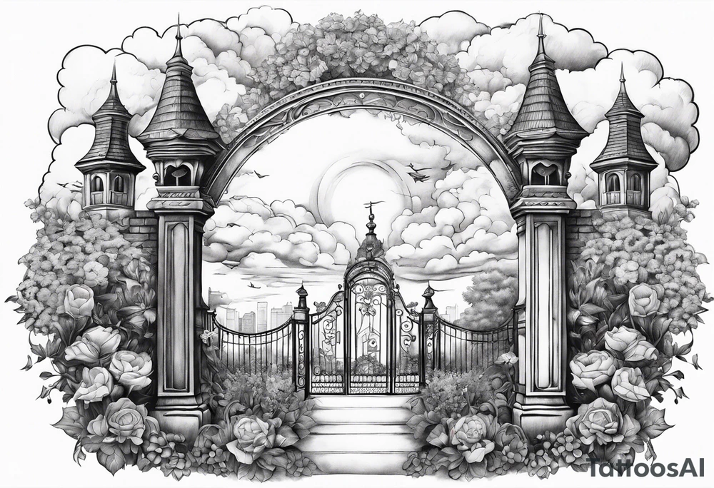 heaven town with tower houses gate entrance
in circle vignette surrounded by clouds flowers tattoo idea