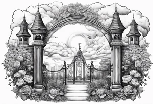heaven town with tower houses gate entrance 
 in circle vignette surrounded by clouds flowers tattoo idea