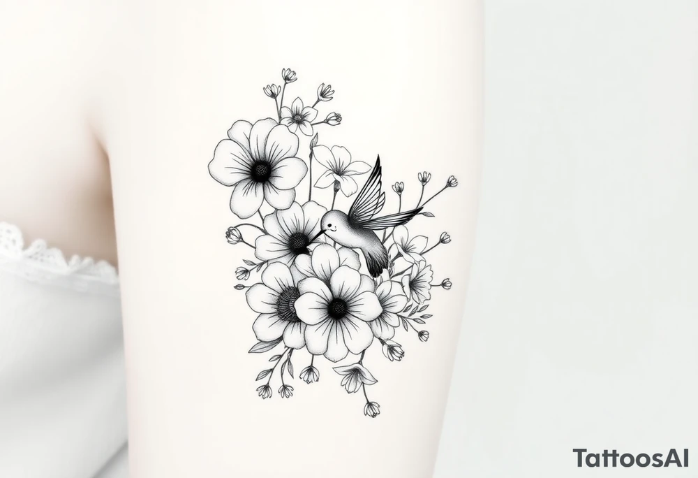 half sleeve floral bouquet done very light handed and with soft lines with the following flowers - 1 large violet, 1 large carnation, 1 large lily of the valley, 1 large narcicuss, 1 medium carnation, 1 medium violet, 1 small dafodil, 2 small water lillies, and 1 small chrysanthemum. Add a hummingbird drinking out of the large narcicuss. tattoo idea