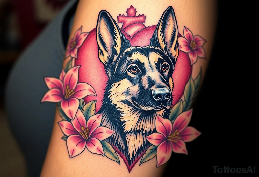 strong short haired german shepherd with alert ears surrounded by pink lilies with large leaves in front of a sacred heart tattoo idea